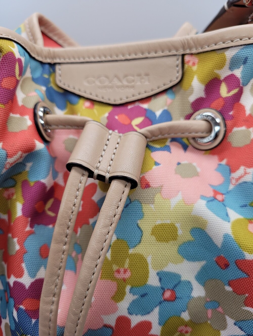 Coach Peyton Floral Print Drawstring Bucket Bag F28922 Multicolored Canvas